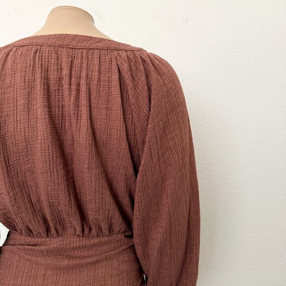 [ASOS] Brown Textured Long Balloon Sleeves Front Tie Ruched Mini Dress Size US 4 - Picture 7 of 12